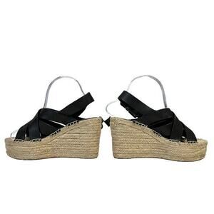 Marc Fisher LTD Wedge Sandals Womens 6.5 Alenni Espadrille‎ Black Leather Jute